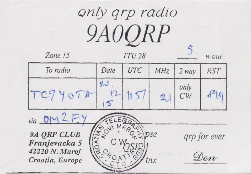 QSL card of the amateur radio callsign 9A0QRP