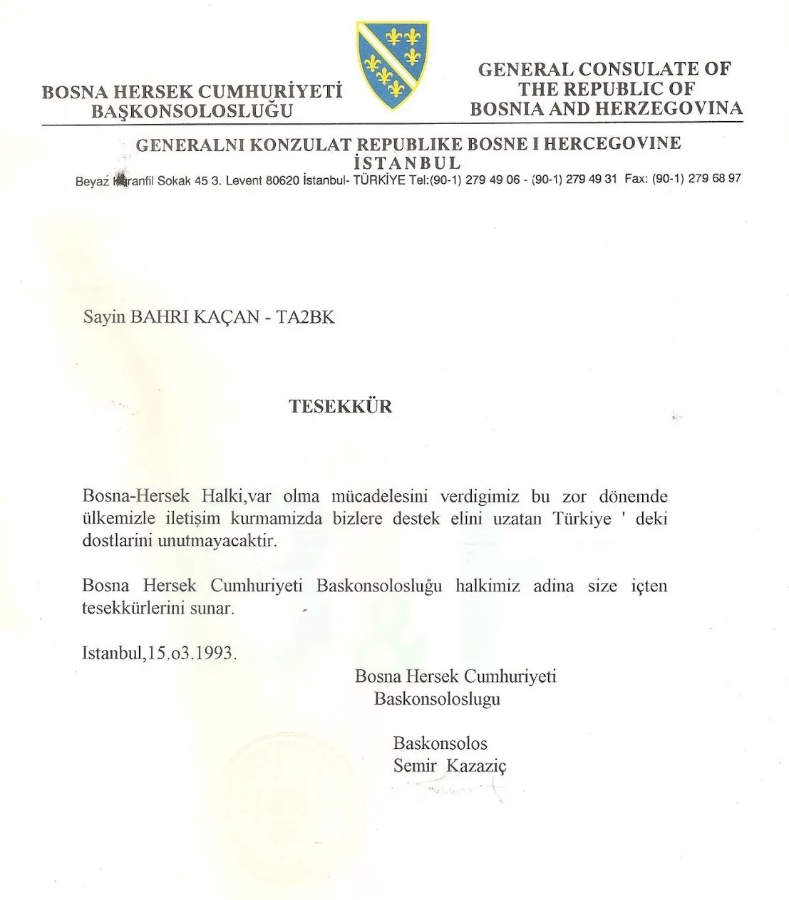 Bahri Kacan Bosna Hersek Konsolosluk Tesekkuru