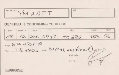 DE1HKD SWL QSL kartı