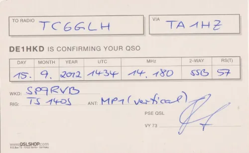 DE1HKD SWL QSL kartı