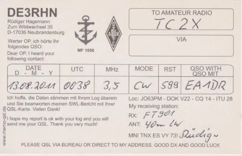 DE3RHN SWL QSL kartı