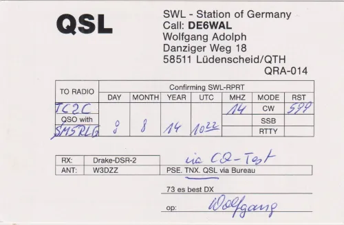 DE6WA SWL QSL kartı
