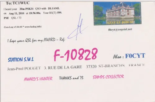 F-10828 SWL QSL kartı