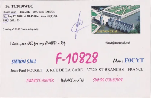 F-10828 SWL QSL kartı