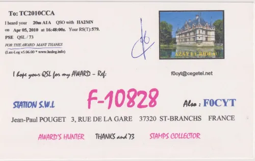 F-10828 SWL QSL kartı