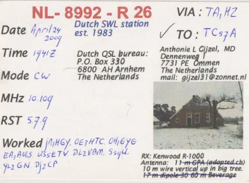 NL-8992-R26 carte QSL SWL
