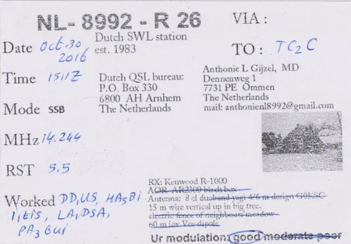 NL-8992-R26 carte QSL SWL