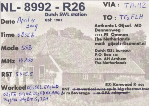 NL-8992-R26 carte QSL SWL