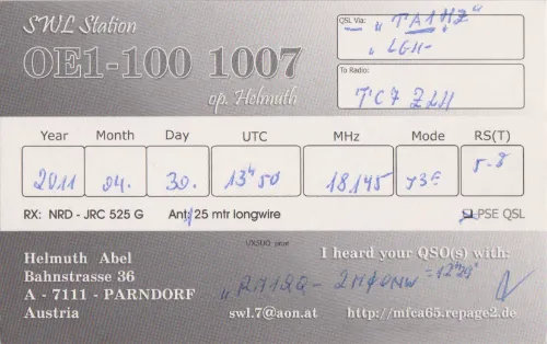 OE1-100-1007 carte QSL SWL