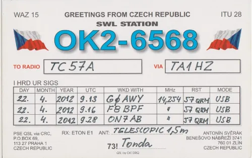 OK2-6568 SWL-QSL-Karte