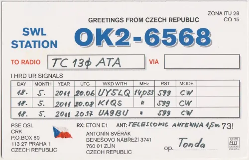 OK2-6568 SWL-QSL-Karte