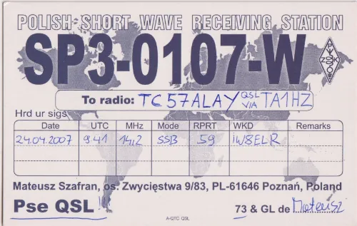 SP3-0107-W SWL-QSL-Karte