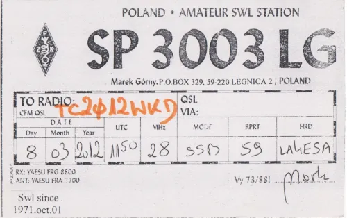 SP3003LG SWL-QSL-Karte