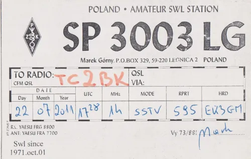 SP3003LG SWL-QSL-Karte