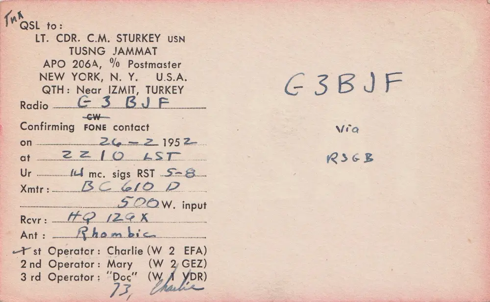 TA2EFA çağrı işaretine ait 1952 tarihli QSL kartı