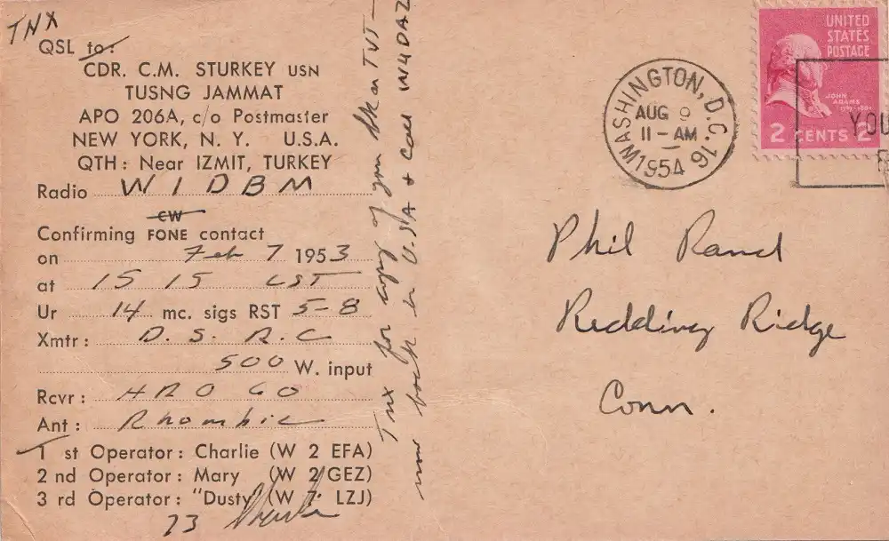 TA2EFA çağrı işaretine ait 1953 tarihli QSL kartı