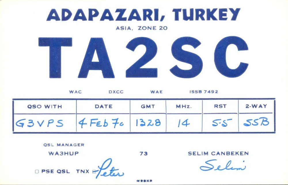 TA2SC çağrı işaretine ait 1970 tarihli QSL kartı