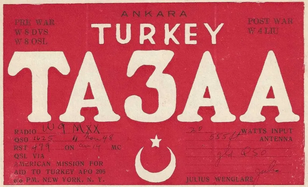TA3AA çağrı işaretine ait 1948 tarihli QSL kartı