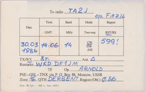 UA6-101-623 SWL QSL kartı
