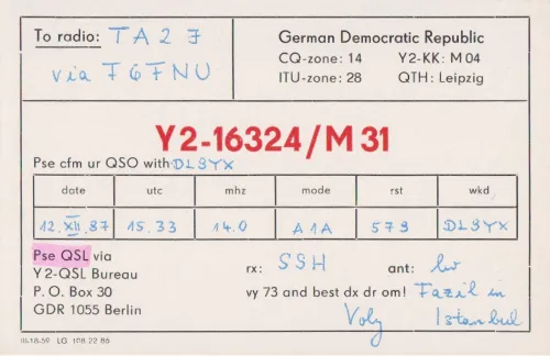 Y2-16324-M31 SWL QSL kartı
