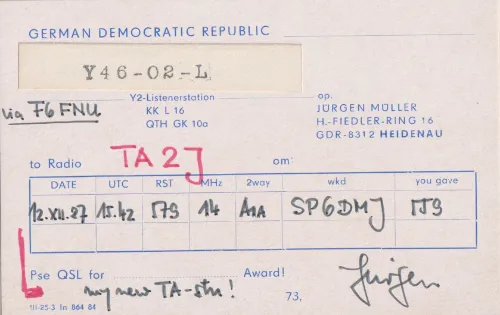 Y46-02-L SWL QSL kartı