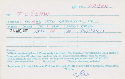 YL-RS-01 SWL QSL kartı