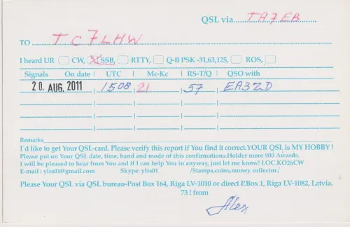YL-RS-01 SWL QSL kartı