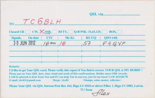 YL-RS-01 SWL QSL kartı