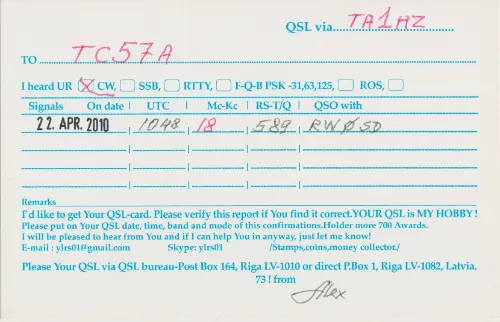 YL-RS-01 SWL QSL kartı