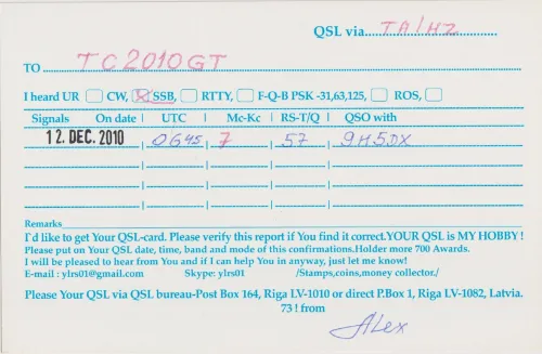 YL-RS-01 SWL QSL kartı
