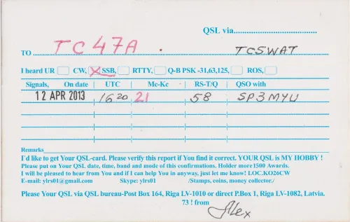 YL-RS-01 SWL QSL kartı